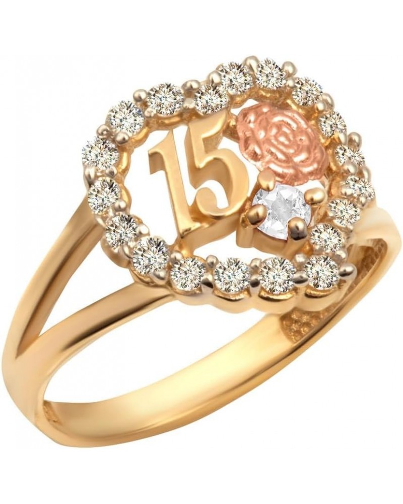 10K or 14K Two-Tone 15 Anos Quinceanera Birthstone Heart Rose CZ Flower Love Ring Available in Yellow Rose and White Gold wit...