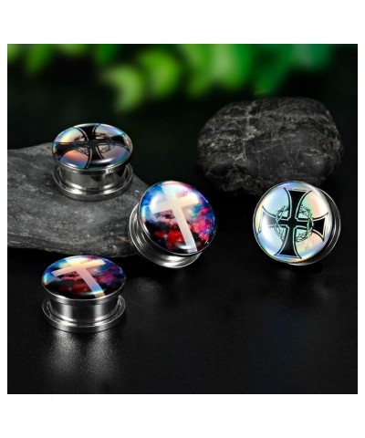 Set Of 4 Pcs Maple Leaf and Templar's Cross Plug Tunnels For Ears Silver Screw Crystal Drops Large Ear Gauges 2g - 1-3/16 inc...