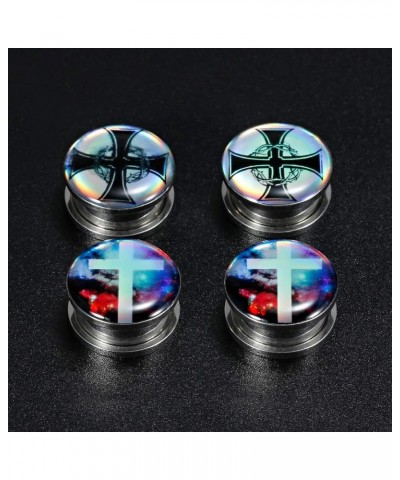 Set Of 4 Pcs Maple Leaf and Templar's Cross Plug Tunnels For Ears Silver Screw Crystal Drops Large Ear Gauges 2g - 1-3/16 inc...