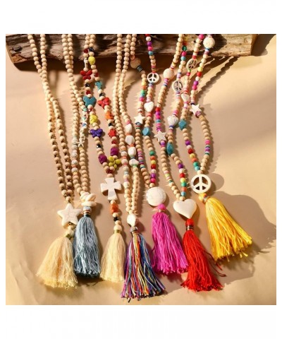 Wood Beads Necklace for Women Colorful Handmade Tassel Pendant Cross Butterfly Heart Stone Charm Long Necklaces (Color : Styl...