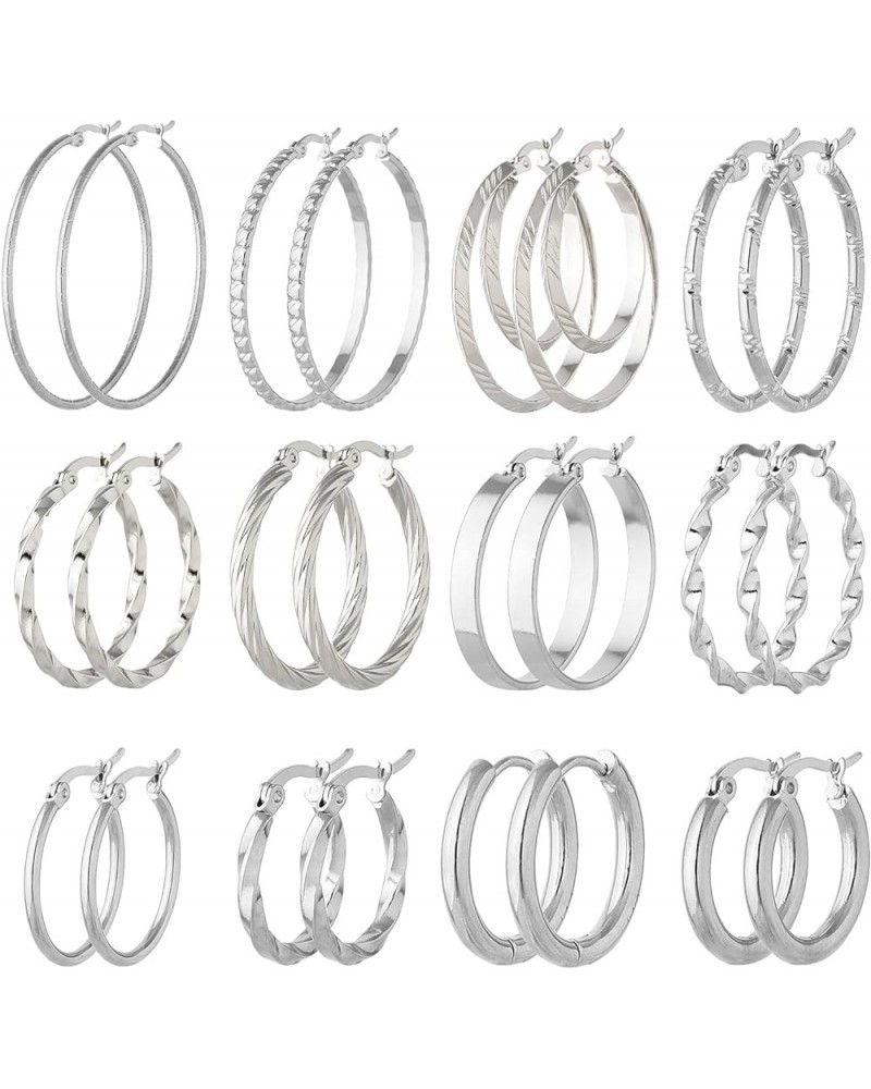 12 Pairs Gold Hoop Earrings Set Stainless Steel Twisted Round Small Chunky Hoop Earrings for Women Teen Girls Silver $9.17 Ea...