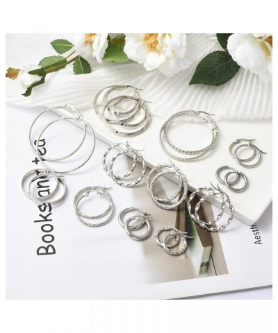 12 Pairs Gold Hoop Earrings Set Stainless Steel Twisted Round Small Chunky Hoop Earrings for Women Teen Girls Silver $9.17 Ea...