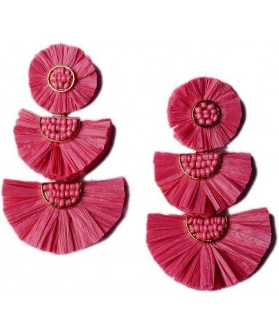 Bohemian Handmade Drop Earrings Fashion Beaded Raffia Palm Earrings for Women Tiered Dangle Statement Earrings Hot Pink $7.14...