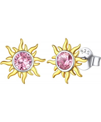 925 Sterling Silver Dainty Small Round Birthstone Sun Stud Earrings for Women Teen Girls (with Gift Box) 10. October - Tourma...