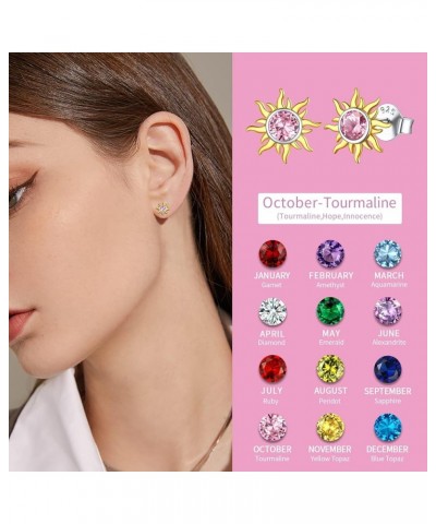 925 Sterling Silver Dainty Small Round Birthstone Sun Stud Earrings for Women Teen Girls (with Gift Box) 10. October - Tourma...