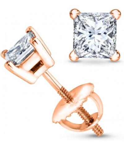 1/2-2 Carat Total Weight Princess Diamond Stud Earrings 4 Prong Screw Back (G-H Color VS1-VS2 Clarity) 2.0 Carat 14K Rose Gol...