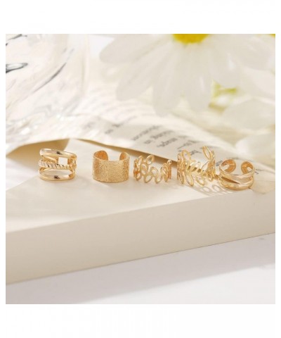 5Pcs Female Hollow Leaves C-Shape Earring Set, Multi-layer Without Pierced Ear Bone Clips Ear Cuffs Gold $3.77 Earrings