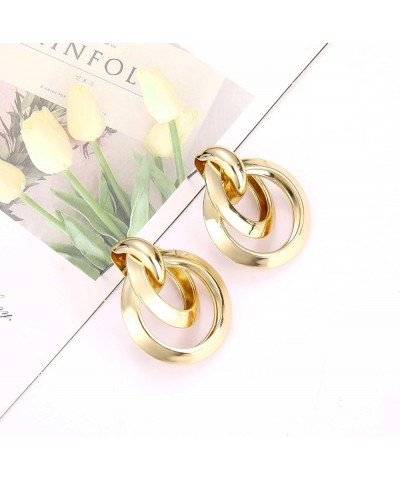 Twisted Earrings Round Double Circle Stud Earrings Statement Chunky Polished Drop Hoop Earrings For Women Girls E01-Gold $7.6...