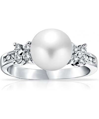 Traditional Timeless Wedding Pave CZ Band White Cultured Button Pearl Solitaire Engagement Promise Ring For Women Side Stones...