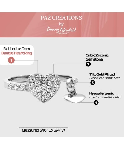 Paz Creations Open Ring Heart Shape For Women - Cubic Zirconia Coctail Ring With Heart Charm - Elegant Ring For Her 7 silver ...