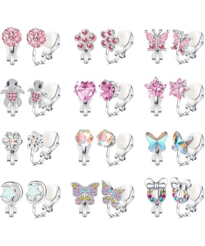 12Pairs Clip on Earrings for Girls Women Hypoallergenic Colorful Crystal Non-Pierced Earrings Cute Heart Flower Rainbow Butte...