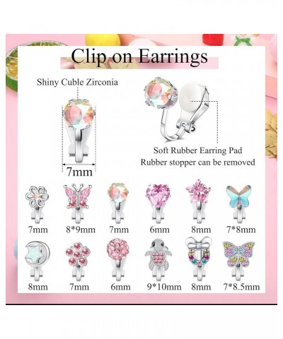 12Pairs Clip on Earrings for Girls Women Hypoallergenic Colorful Crystal Non-Pierced Earrings Cute Heart Flower Rainbow Butte...