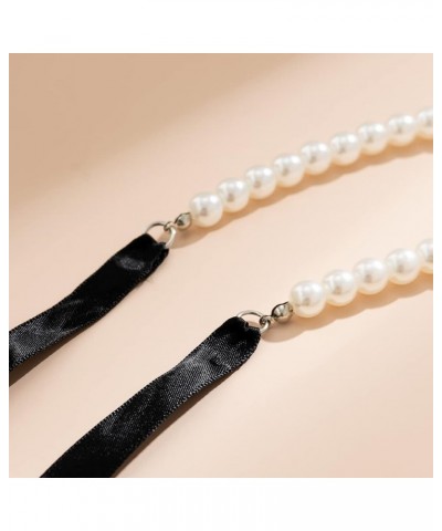 Baroque Pearl Bowknot Choker Necklace Boho Half Pearl Beaded Collar Neck Chain Black Bow Tie Long Ribbon Neck Tie Vintage Bri...