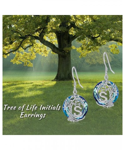 Tree of Life Initial Earrings for Women, 925 Sterling Silver A-Z Letter Drop Dangle Earrings with Blue Circle Crystal Jewelry...