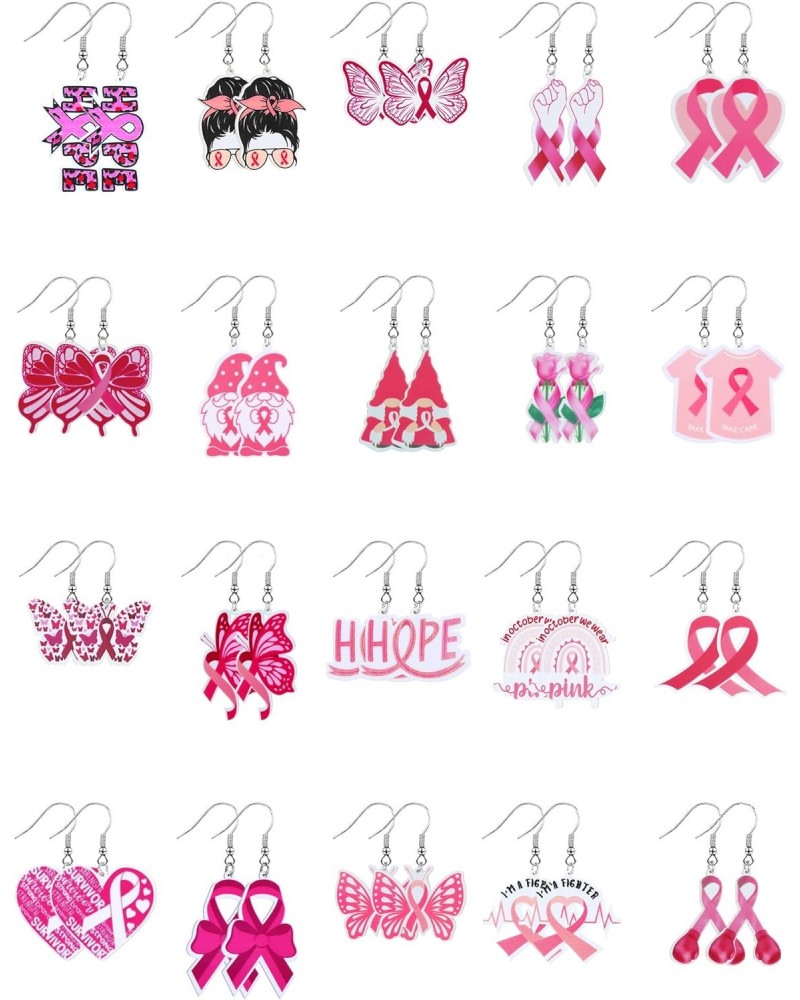 20 Pairs Breast Cancer Awareness Earrings Pink Ribbon Acrylic Earrings Lightweight Handmade Pink Earrings for Women Breast Ca...