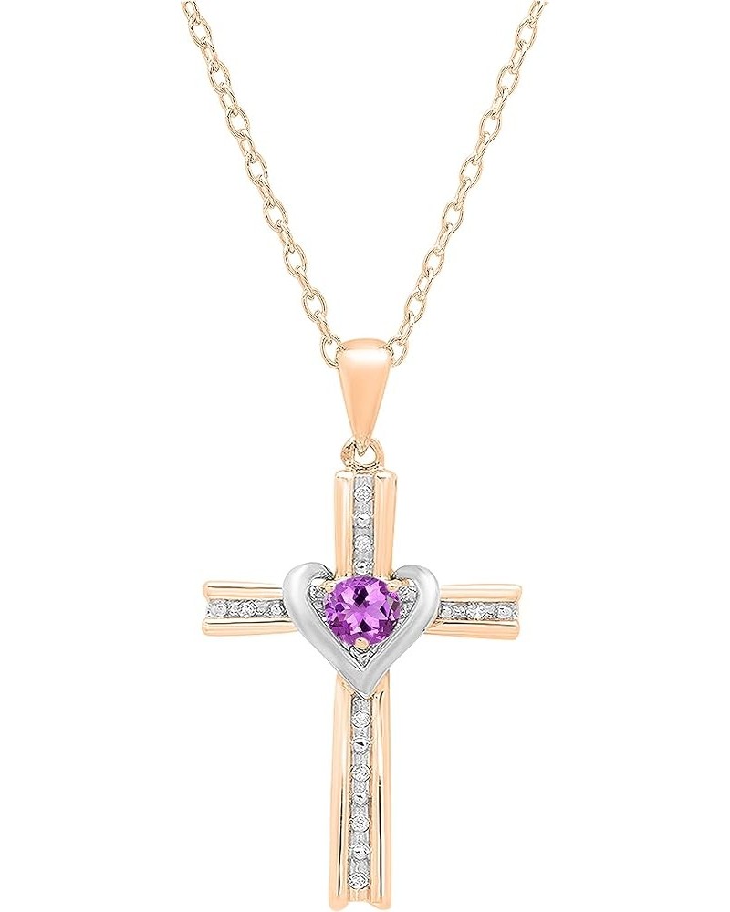 4 mm Round Gemstone & White Diamond Ladies Heart Love Cross Religious Pendant (Gold Chain Included), Available in Various Met...