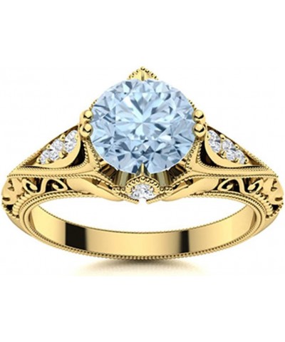 Art Deco Inspired 7MM Round Shape Aquamarine Gemstone 925 Sterling Silver Solitaire Women Wedding Ring Gold Vermeil $26.67 Br...