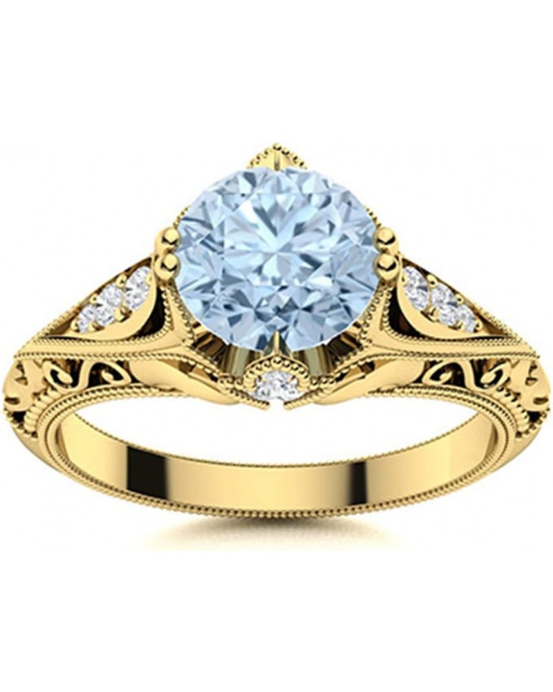 Art Deco Inspired 7MM Round Shape Aquamarine Gemstone 925 Sterling Silver Solitaire Women Wedding Ring Gold Vermeil $26.67 Br...