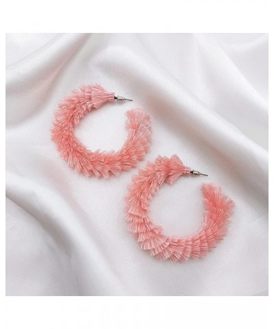 Women's Fashion Boho Soft Tassel Wrapped Hoop Earrings Blossom Pink $9.43 Earrings