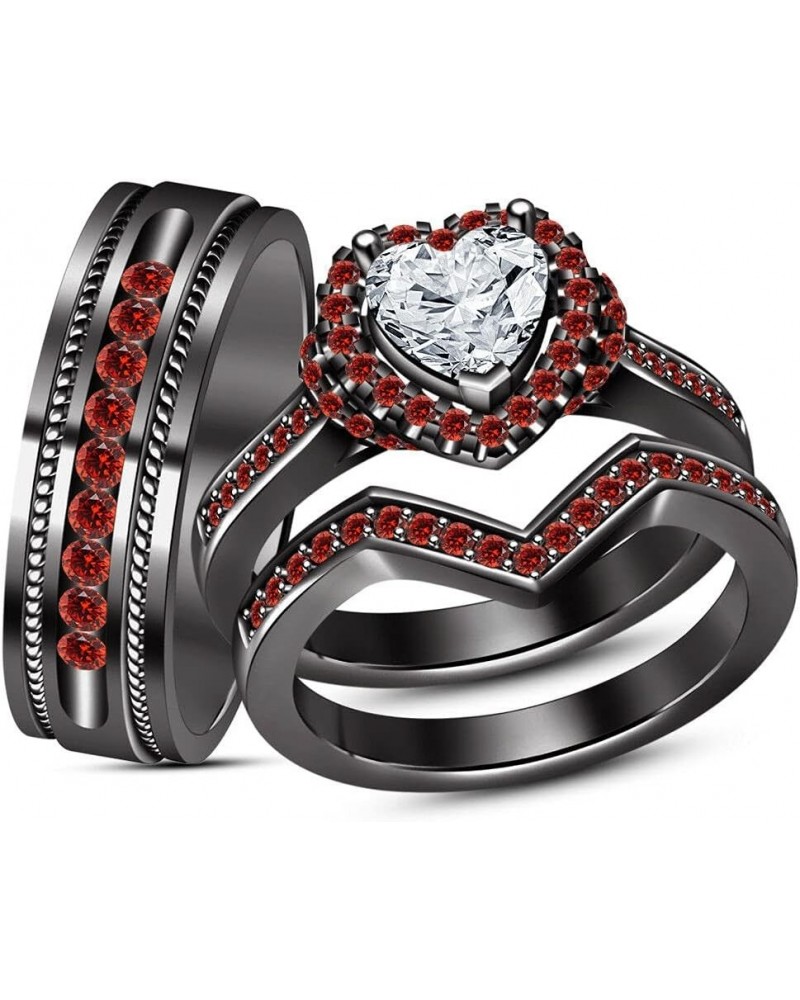 Created Heart & Round Cut Red Garnet & Diamond in 925 Sterling Silver 14K Black Gold Over Diamond Wedding Engagement Trio Rin...