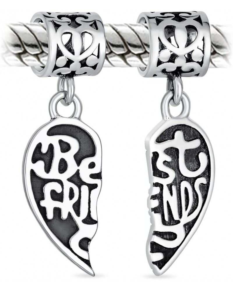 BFF Forever Words Best Friends Puzzle Two Piece Split Heart Shape Dangle Bead Charm Oxidized .925 Sterling Silver Fits Europe...