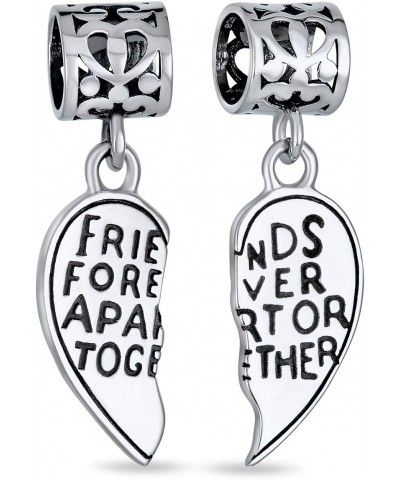 BFF Forever Words Best Friends Puzzle Two Piece Split Heart Shape Dangle Bead Charm Oxidized .925 Sterling Silver Fits Europe...