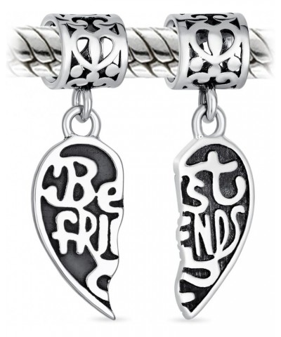 BFF Forever Words Best Friends Puzzle Two Piece Split Heart Shape Dangle Bead Charm Oxidized .925 Sterling Silver Fits Europe...