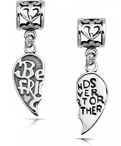 BFF Forever Words Best Friends Puzzle Two Piece Split Heart Shape Dangle Bead Charm Oxidized .925 Sterling Silver Fits Europe...