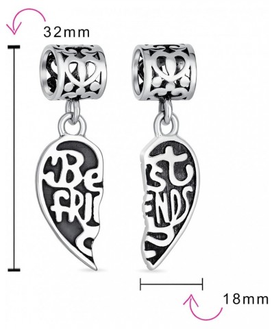 BFF Forever Words Best Friends Puzzle Two Piece Split Heart Shape Dangle Bead Charm Oxidized .925 Sterling Silver Fits Europe...