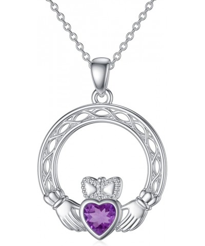 Claddagh Necklace with Simulated Birthstone 925 Sterling Silver Irish Hands Holding Crown Celtic Knot Love Heart Pendant Jewe...
