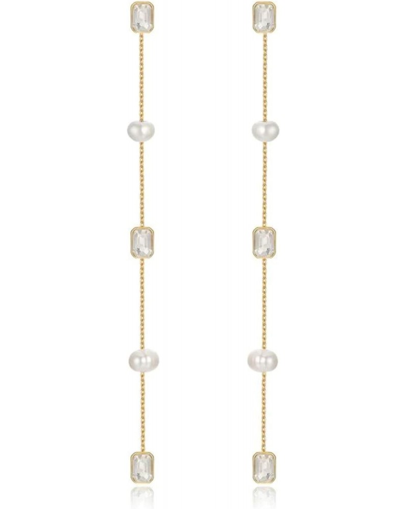 Gold Earrings. Pearl Earrings For Women. Freshwater Pearl and Crystal Linear 18k Gold Plated Dangle Earrings. Jewelry $12.65 ...