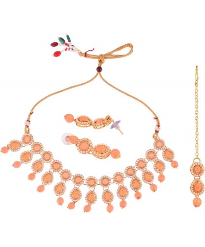 Indian Jewelry Choker Kundan Crystal Necklace Earrings Maang Tikka Head Chain Bollywood Wedding Bridal Set Peach Color $18.22...