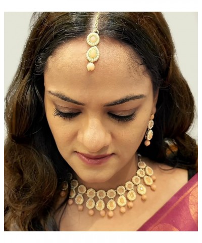 Indian Jewelry Choker Kundan Crystal Necklace Earrings Maang Tikka Head Chain Bollywood Wedding Bridal Set Peach Color $18.22...