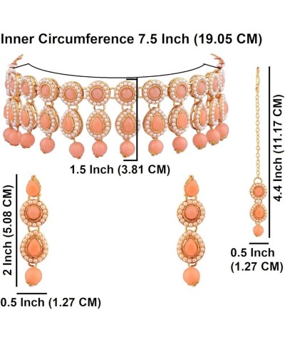 Indian Jewelry Choker Kundan Crystal Necklace Earrings Maang Tikka Head Chain Bollywood Wedding Bridal Set Peach Color $18.22...