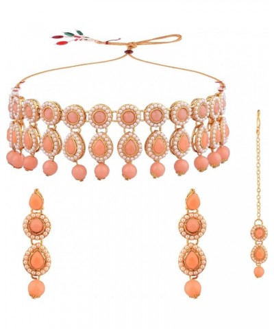 Indian Jewelry Choker Kundan Crystal Necklace Earrings Maang Tikka Head Chain Bollywood Wedding Bridal Set Peach Color $18.22...