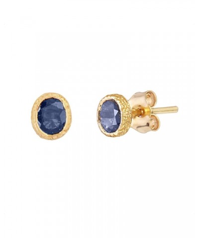 18K Yellow Gold Texture Stud Earrings Oval Shape Ruby I Sapphire Birthstone Fine Jewelry Gifts For Women Sapphire - 6*5 MM $5...