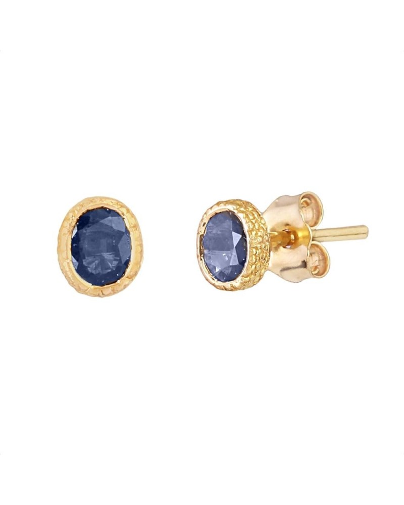 18K Yellow Gold Texture Stud Earrings Oval Shape Ruby I Sapphire Birthstone Fine Jewelry Gifts For Women Sapphire - 6*5 MM $5...