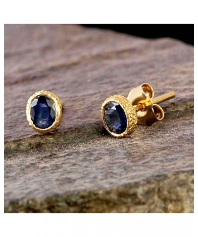 18K Yellow Gold Texture Stud Earrings Oval Shape Ruby I Sapphire Birthstone Fine Jewelry Gifts For Women Sapphire - 6*5 MM $5...