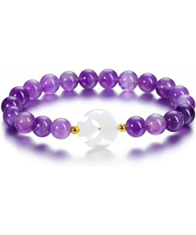 Amethyst Healing Crystal Stone Bracelet for Women Girls 8mm Crystal Beads Moon Star Charm Stretch Bracelet Handmade Energy Ge...