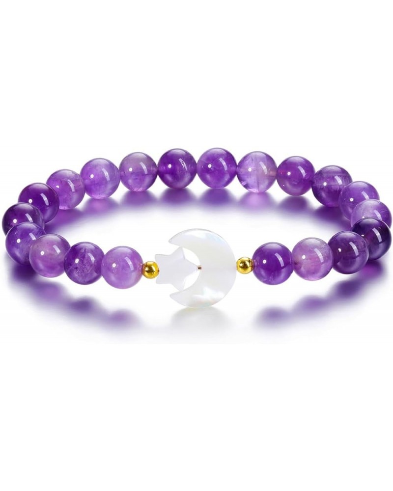 Amethyst Healing Crystal Stone Bracelet for Women Girls 8mm Crystal Beads Moon Star Charm Stretch Bracelet Handmade Energy Ge...