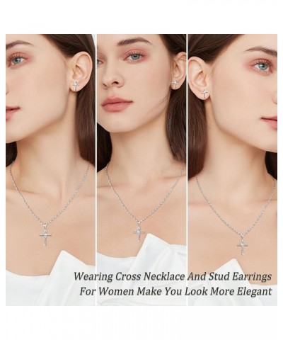 Zircon Rose Cross Necklace And Earring Sets for Women Girls' Jewelry Set Sterling Silver Cross Pendant Stud Earrings Small Da...