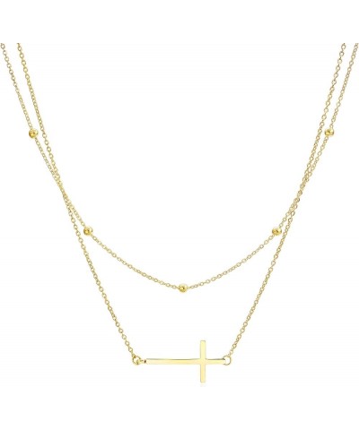 Stainless Steel Gold Rose Gold Silver Plated Dainty Beads Sideways Cross Double Layers Necklace For Women Gold 2 layers cross...