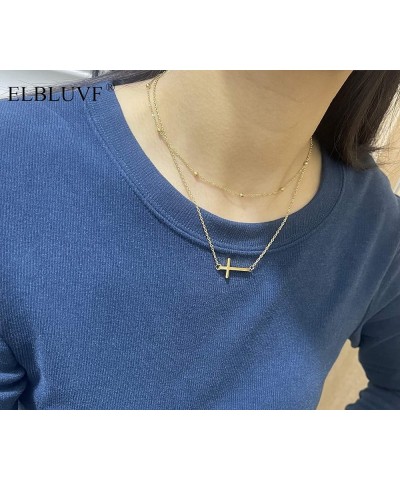 Stainless Steel Gold Rose Gold Silver Plated Dainty Beads Sideways Cross Double Layers Necklace For Women Gold 2 layers cross...