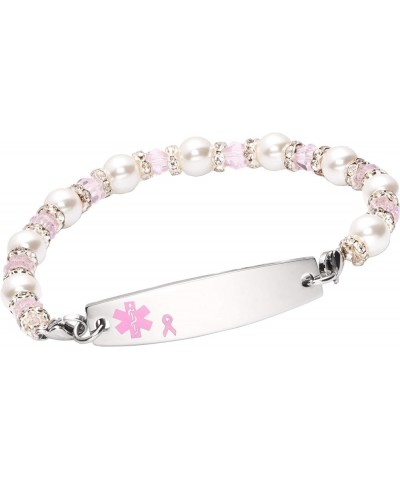 Medical ID Pink Ribbon Pearl/Pink Beaded Stainless Bracelet Lymphedema No BP IV 7.5 Inches Left Arm $22.38 Bracelets