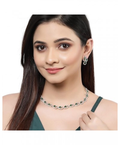 Women Rhodium-Plated with Silver-Toned Cubic Zirconia & American Diamond studded Necklace and Drop Earrings Jewellery Set Gre...