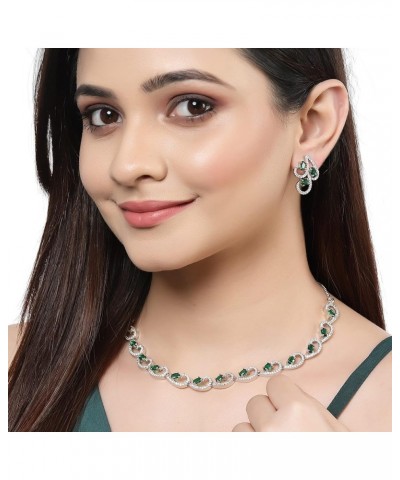 Women Rhodium-Plated with Silver-Toned Cubic Zirconia & American Diamond studded Necklace and Drop Earrings Jewellery Set Gre...