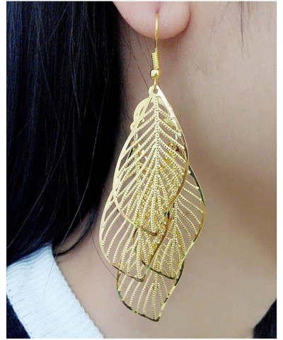 Bohemian Layered Filigree Leaf Earrings for Women Girls Handmade Silver Gold Plated Big Boho Lightweight Chandelier Hollowed ...