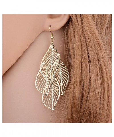 Bohemian Layered Filigree Leaf Earrings for Women Girls Handmade Silver Gold Plated Big Boho Lightweight Chandelier Hollowed ...