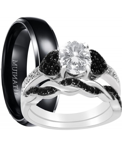 His and Hers 3 Piece Trio Sterling Silver Black Titanium Wedding Band Engagement Ring Set Her 10-His 10 $46.55 Sets