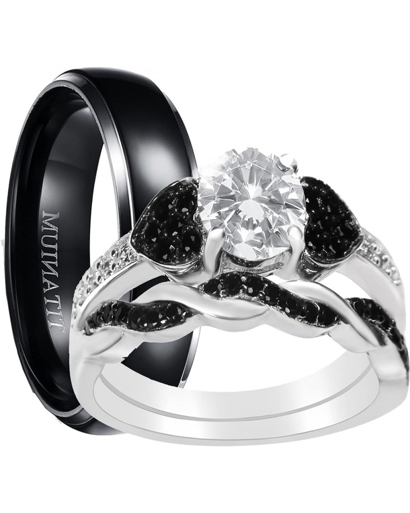 His and Hers 3 Piece Trio Sterling Silver Black Titanium Wedding Band Engagement Ring Set Her 10-His 10 $46.55 Sets